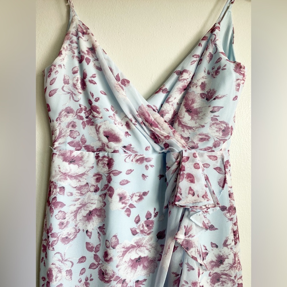 Bardot Floral Mermaid Midi Dress Faux Wrap Blue Burgundy Wedding Guest Fairy M - Picture 7 of 10